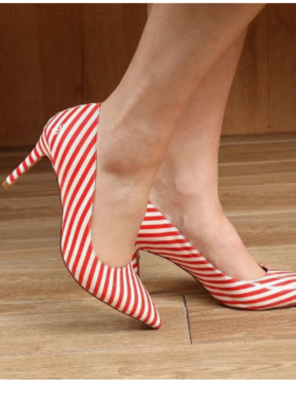 YDN Red Stripe Pointed Closed Toe Mid Heel Pumps Slip on Slide Dress Shoe